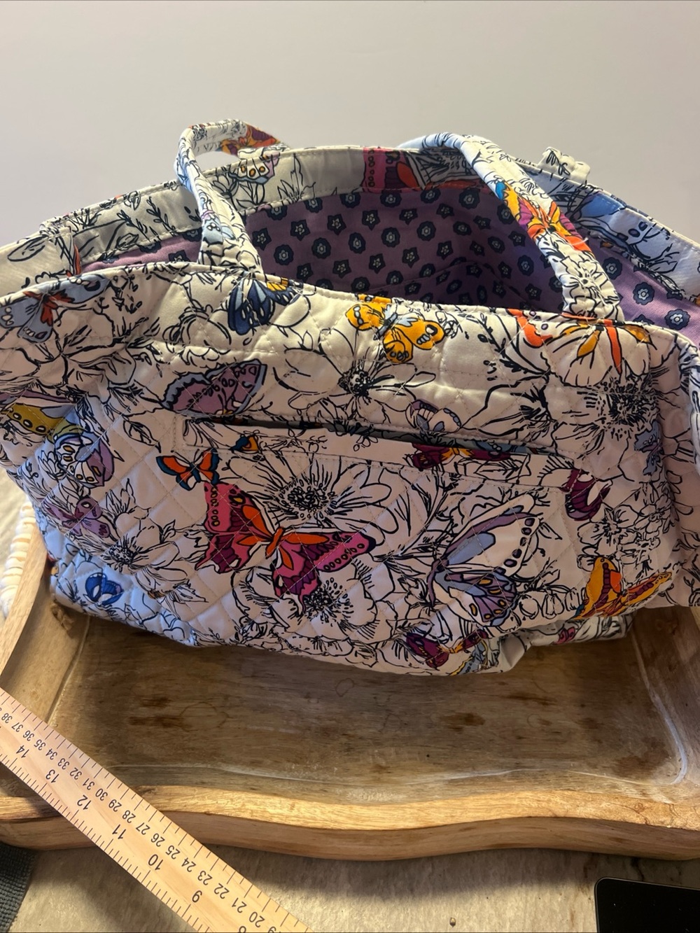 Vera Bradley Butterfly Quilted Tote in White with Purple & Multicolor Accents
